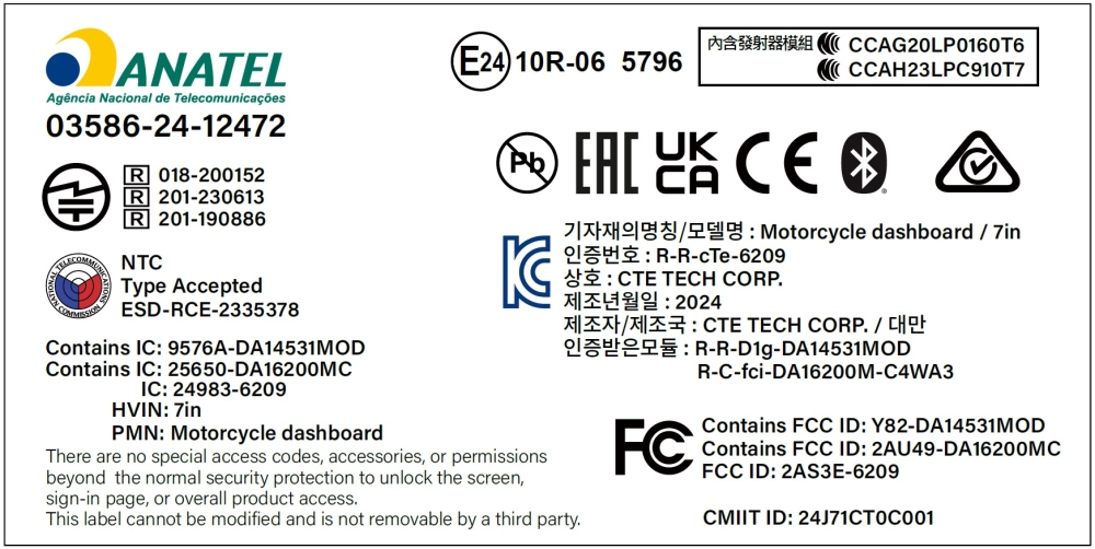 MV Agusta - 7in Wireless Certifications